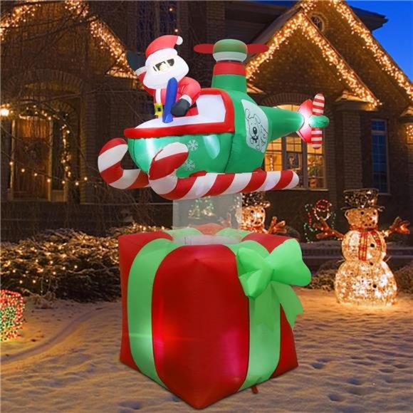 Christmas Inflatable 6FT Inflatable Xmas Santa Claus with Helicopter on Gift Box - Picture 5 of 6